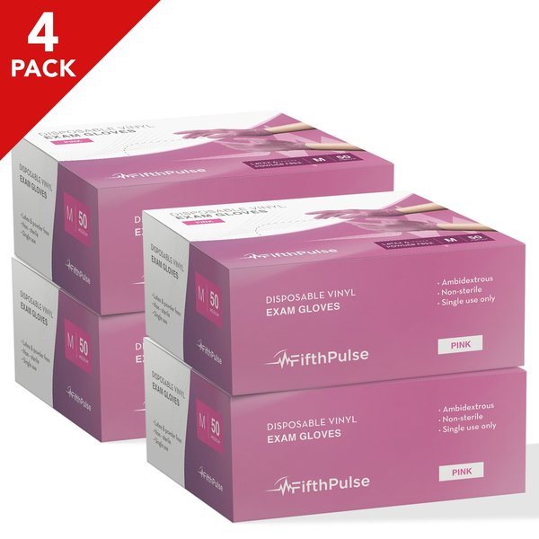 Fifthpulse 4 pack, Vinyl Disposable Gloves, Vinyl, Powder-Free, M, 50 PK, Pink FP-FMN100094-4A
